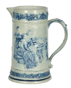 Edelweiss Pitcher, a seated group on one side watching maid and on the other side leaning on a keg of beer.