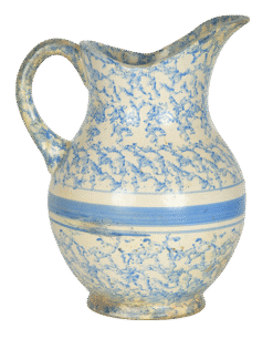 Spongeware Antique 1880s American Salt Glazed Blue White Large Hot Water Pitcher.