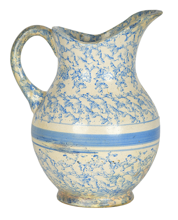 Spongeware Antique 1880s American Salt Glazed Blue White Large Hot Water Pitcher.